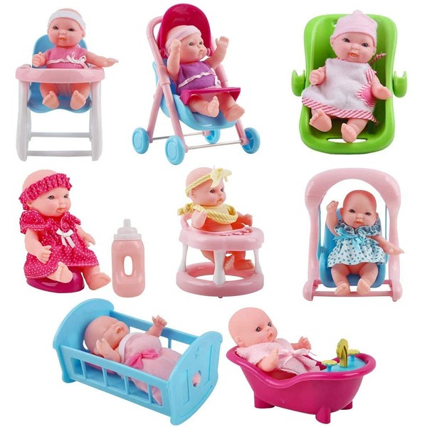 deAO Set of 8 Mini 5" Baby Dolls with Accessories Including Stroller, Bathtub, Crib, High Chair, Walker and Much More!