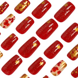 Maple Leaf Press on Nails Short Square Nails Thanksgiving Day Fake Nails with Glue Gold Red Maple Leaf Acrylic Nails Design Autumn Leaf Full Cover False Nails for Women DIY Manicure Nail Decoration