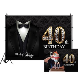 DORCEV 10x7ft Hello Forty Tuxedo Backdrop for Man 40th Birthday Party Decor Diamonds Gold 40th Birthday Photography Background Black Suit Necktie Tuxedo Decor Banquet Party Black Gold Banner Props