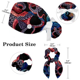 Regro Embroidery Ocean Octopus Scrub Caps Surgical Women with Button Adjustable Hats Surgical Caps with Scrunchie for Women