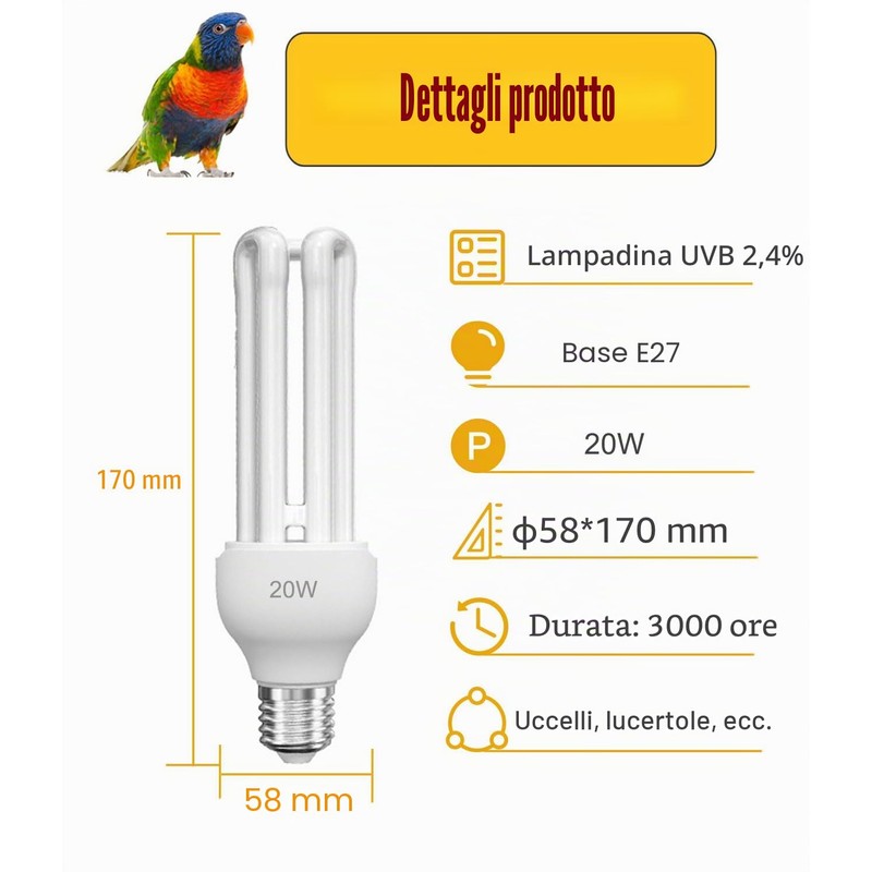 KINGYEENUO E27 Lampadina UVA UVB per Uccelli 2.4 UVB 20W