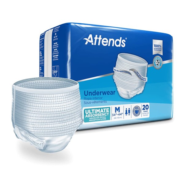 Attends Underwear for Adult Incontinence Care with Quick-dry Channels, Ultimate Absorbency, Unisex, Medium, 20 Count (x4)