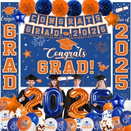 Graduation Decorations Class of 2025, Blue and Orange Graduation Decorations with Congrats Grad Backdrop, Class of 2025 Banner,Porch Sign, Balloons, Foil Number 2025 for Graduation Party Supplies
