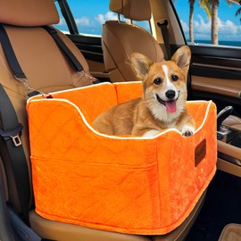 Dog Car Seat for Small Medium Dogs, Detachable Washable Dogs Booster Seat Under 35lbs, Elevated Dog Car Bed with Storage Pockets (Orange, One Size)