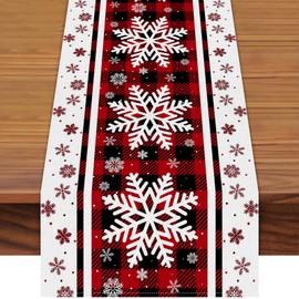 13 x 108 Inch Christmas Table Runner - Red and Black Buffalo Plaid with Snowflakes Pattern for Holiday, Home, Kitchen, Mantel, Dining Table Decor, Winter Xmas Party Supplies