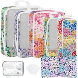 7 Pcs Compression Packing Cubes for Travel, Waterproof Suitcase Luggage Backpack Organizer with Toiletry Bag Travel Essentials for Women/Men-Flowers