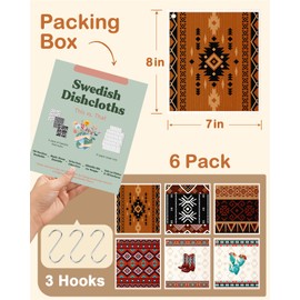 Miss Adola Swedish Dishcloths for Kitchen - Reusable 6 Pack Swedish Dish Cloths with Hook Fast Drying Swedish Towels for Washing Dishes Cute Funny Swedish Cleaning Sponge Cloths, Brown Cowboy