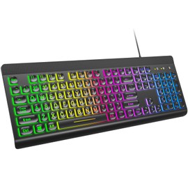MOWUX Large Print Backlit Keyboard, Multiple Color Rainbow LED Backlit Large Size USB Wired Computer Keyboard, Full Size Multimedia Keyboard for Windows Desktop, Laptop, PC