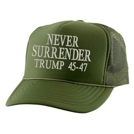 ALLNTRENDS Never Surrender Trump Embroidered Trucker Hat USA Mesh Cap (Olive Green)
