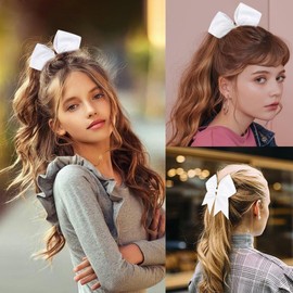 Hair Bobbles Hair Bows Girls Cheerleader, 2 Pieces Hair Bow Hair Scrunchie with Bow for Cheerleading Teenager School Girl Ponytail 8 Inch White Bow Hair Accessories Headband for Teen Cheer