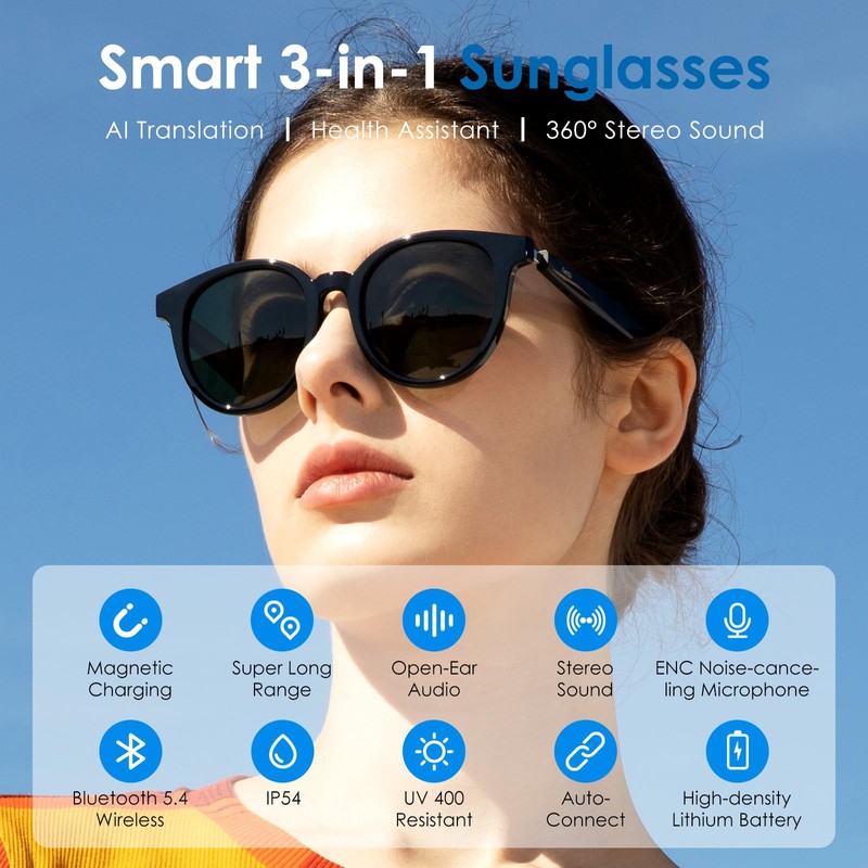 GetD Smart Sunglasses, Round Polarized Lens Bluetooth Glasses for Women/Men
