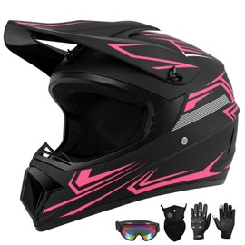 Youth Kids Dirt Bike Motocross Helmet (Goggles Gloves Face Mask) 4PCS Set, DOT Approved Girls Full Face Motorcycle Helmets, ATV BMX MX Mountain Bike Off Road Kid Helmet (Pink, L)