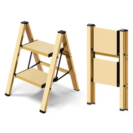 Taranta 2 Step Ladder,Aluminum Lightweight Folding 2 Step Stool with Anti-Slip Wide Pedal,330lbs Capacity Step Ladder for Household,Kitchen,Office - Gold