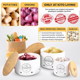 Kito LIVING Canisters Sets for Kitchen Counter Storage and Organization with Wooden Bamboo Lids, Food Pantry Containers, Stackable Steel Storage Bins, Potato Storage Onion Keeper Garlic - White