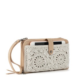 The Sak Women's Iris Large Smartphone Crossbody Bag in Hand-Crochet & Faux Leather, Detachable Wristlet Strap, Convertible Purse, Includes Phone Wallet Compartments, Natural Medallion, One Size