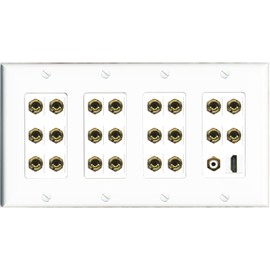 RiteAV 4 Gang 11.1 Surround Sound Speaker Banana Wall Plate with HDMI and RCA Female to Female Connectors - White