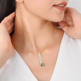 Gempires Hammered Bar Pendant for Women 14k Gold Plated Vertical Necklace with Natural Gemstone Accent 16+2 Inch Chain Healing Crystal Minimalist Jewelry Gift, Medium, Crystal, natural