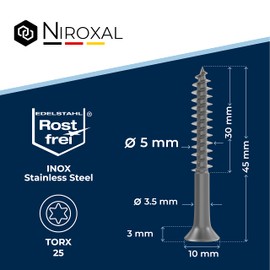 Torx Stainless Steel Screws, Wood Screws 5x45, V2A Stainless Steel, Rustproof, Chipboard Screws, Partial Thread, 5 mm Thick, 45 mm Long, Pack of 10, A2