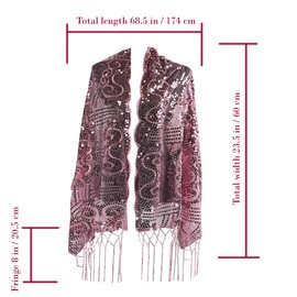 ARTMASK.US Charming Floral Sequin Sheer Lace Shawl, Scarf, Wedding Cape Evening Scarf Tassels Shawl Sparkle Floral Sequin Wrap (RED)