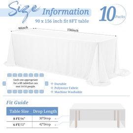Showgeous 10 Pack White Tablecloth 90 x 156 Inch, Rectangle Tablecloth for 8 Foot Table, Rectangular Polyester Table Cloth Stain and Wrinkle Resistant Washable Fabric Table Covers for Wedding Parties