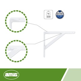 Amig - Shelf Bracket Stainless Steel | Metal Bracket for Shelves | Shelf Bracket | Colour White | Dimensions: 200 x 125 mm | Recommended Max. Weight: 250 kg