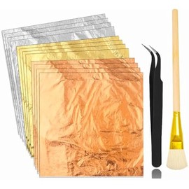 Gold Leaf Sheets for Art, 3 Colors 150 Sheet Gold Foil Sheets for DIY Crafts Decor,Painting, Resin, Nails, Gilding Craft, Bronzing, Furniture- Golden, Silver, RoseGold Foil Sheet With Tweezer & Brush