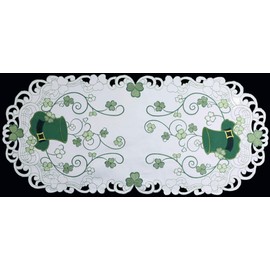 Creative Linens St. Patrick's Day Table Linens, Spring Embroidered Shamrocks Irish Clovers and Leprechaun Hats Placemats, Table Runners, Tablecloths, White Green (15x34 Oval Table Runner)