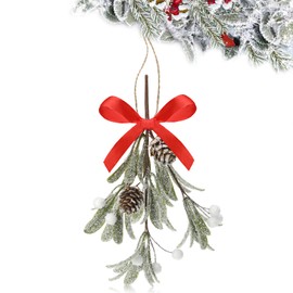 Giegxin 1 Piece Christmas Artificial Mistletoe Ornament with Red Bow Christmas Hanging Mistletoe Decoration Bouquet Floral Natural Pine Cones Holiday Decoration Ornament Bouquet (Classic Style)