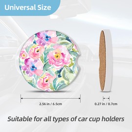 Knobcar 2 Pack Car Coasters for Cup Holders, 2.56" Universal Absorbent Ceramic Stone Car Cup Holder Coasters with Non-Slip Cork Base, Car Interior Accessories for Women Men(Pink Peony Floral)