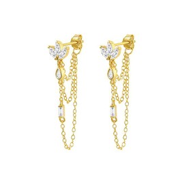 Cubic Zirconia Flower Leaf Teardrop Tassel Front Back Stud Dangle Drop Earrings for Women Dainty Gold Plated Sterling Silver Post Studs Chain Treader Statement Dangling Hypoallergenic Fashion Jewelry Gift Her (Gold)