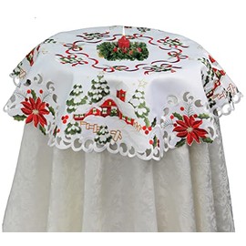 Creative Linens Holiday Christmas Tablecloth 33" Round Embroidered Red Poinsettia Christmas Tree Snowy Cabin Table Topper White