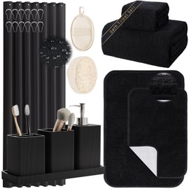 Black Bathroom Set,Black Bathroom Accessories Set with Shower Curtain and Rugs, Bath Towel Set, Natural Loofah Sponge, Soap Dispenser, Toothbrush Holder, Toothbrush Cup and Tray for Bathroom