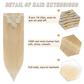Real hair clip-in extensions, 100 % Remy real hair extensions, straight, 8 wefts, 18 clips, thin