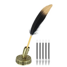 PATIKIL Black Gold Feather Ballpoint Pens Bulk, Metal Holder Black Ink Vintage Quill Writing Pens with 5 Pieces Refill for Office, Wedding Signature, Gold