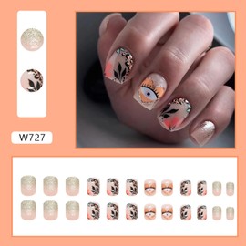Glitter Gradient Press on Nails Short Length,Coffin Shape Fake Nails with Eyes Heart Leaf Design,24Pcs Glossy Full Cover Reusable False Nails with Glue on Nails,Acrylic Artificial Nail Stick on Nails