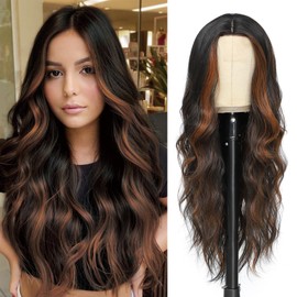 LUVEUNI Dark Brown Highlight Wigs for Women Middle Part Long Wavy Wig 26 Inch Lace Hairline Natural Looking Synthetic Heat Resistant Fiber for Daily Party Use (P4/30)