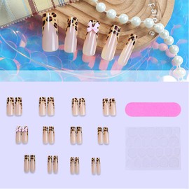 24Pcs Medium Press on Nails Square Fake Nails Leopard French Tip Acrylic Nails Full Cover Bow False Nails Reusable Nude Pink Stick on Nails Artificial Glue on Nails for Women Manicure Supplies