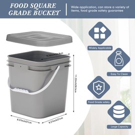 Mumufy 5 Pcs 3.5 Gallon Square Food Grade Bucket Square Bucket with Lid Food Square Grade Bucket Pail with Plastic Handles and Lid Square Buckets for Storing Dry Food Charcoal Camping Fishing (Gray)