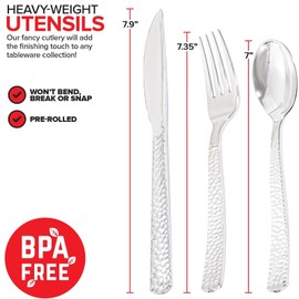 Joyido 400PCS Pre Rolled Silver Plastic Silverware Sets - Heavy Duty Hammered Silver Cutlery - Include 100 Pack Wrapped Disposable Utensils with Napkins for Parties & Dinners & Weddings