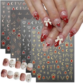 8 Sheets Bronzing Moon Star Nail Art Stickers Decals Metallic Self-Adhesive Star Nail Decals Red Heart Rose Gold Silver Nail Design Stickers Glitter Sun Star Nail Art Supplies Manicure Decor for Women