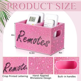 MotiMind Bling Rhinestone Remote Control Holder Crushed Diamond 2 Compartment Wooden TV Remote Caddy Holder Organizer Storage Box for Table Nightstand with and Label, Sparkly Gifts for Women(Pink)