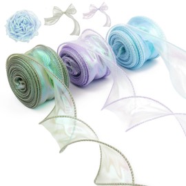3 Rolls Organza Ribbon, 40 mm x 9 m Transparent Chiffon Ribbon Iridescent Glittering Organza Ribbon for Decoration, Wedding, Bouquet, Gift Wrapping (Purple/Blue/Green)
