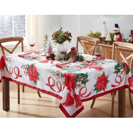 Home Bargains Plus Christmas Holiday Tassels 60 x 102 Inch Rectangle Fabric Tablecloth, Festive Red Poinsettia Garland Stain Resistant Easy Care Table Cover for Dinner Party and Banquet