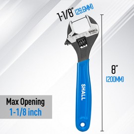 SHALL 8 Inch Adjustable Wrench, Cr-V Steel Spanner with Cushion Grip, Wide Jaw Black Oxide Wrench with Laser-etched SAE Scales for Home, Garage, Workshop and DIY
