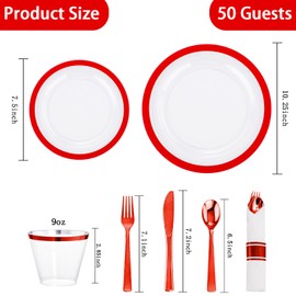 I00000 350 Pcs Clear and Red Plastic Plates, Disposable Dinnerware Set, Include 50 Dinner Plates 10.25'', 50 Dessert Plates 7.5'', 50 Red Rim Cups 9 OZ, 50 Per Rolled Napkins with Plastic Cutlery