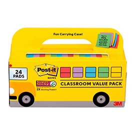 Post-it Super Sticky Notes, Classroom Value Pack, 24 Pads/Pack, 2X The Sticking Power, 3 in. X 3 in, Bright Colors (654-24SSAN-BUS)