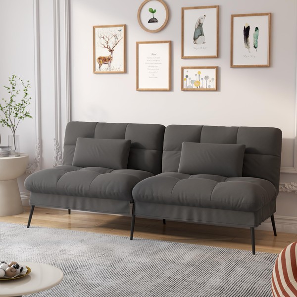 COMHOMA Convertible Sofa Bed, 68″Fabric Couch with Adjustable Backrest, Loveseat