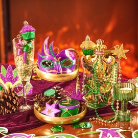 Valery Madelyn 12Pcs Mardi Gras Tree Decorations Gift Pack, Mardi Gras Ornaments Craft Painted Mask Gralnd Beads, Purple Green Gold Shatterproof Hanging New Orleans Masquerade Carnival Party Decor