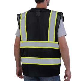 Neopelta Reflective Safety Vest Black Mesh, High Visibility Vest with Pockets and Zipper, Padded Neck, Black with Yellow Trim M