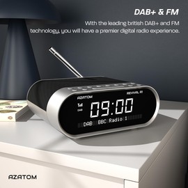 AZATOM Revival DAB+ DAB Digital FM Radio, Dual Alarm Clock, Wireless Bluetooth 5.0, Sleep Timer, USB Moblie Charger, Headphone & AUX (Silver)